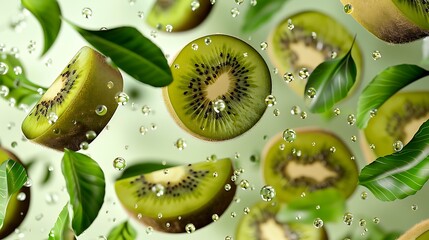 A dynamic display of kiwi half slices floating with green leaves, isolated against a pristine background. The image captures the fresh and organic nature of the fruit, 