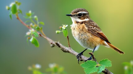 A small bird sits on a branch of a tree, perhaps singing or waiting for prey