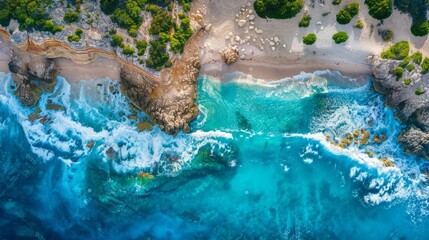The aerial view showcases a picturesque rocky shoreline, complemented by crystalclear turquoise waters and a pristine white sand beach