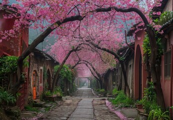 Obraz premium A canopy of cherry blossoms arching over a narrow cobblestone street