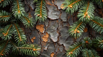 Detailed closeup image showcasing the intricate texture of douglas fir bark and vibrant green needles
