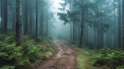 Obraz premium The winding foggy forest trail meanders amidst the towering trees, creating an enchanting atmosphere
