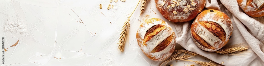 Poster a banner image showing three freshly baked loaves of wheat bread on a white background with wheat sp