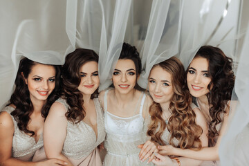 Obraz premium A group of five women are posing for a picture, with one of them wearing a wedding dress. Scene is joyful and celebratory, as the women are posing together for a special occasion