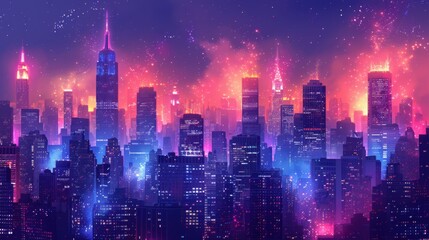 Obraz premium Fireworks over a city at night with skyscrapers and lights