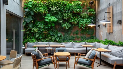 Empty wood table with artificial plant decoration on the wall of ecology design interior. Fake tree from plastic plants ornament design on the wall of coffee shop. AI generated illustration