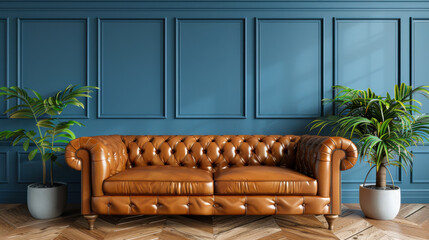 Obraz premium Living room wall mockup in bright tones with leather sofa and leather armchair