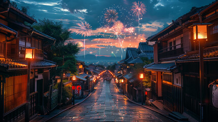 a image about Japan summer Festival, night, with fireworks in the sky, japanese travel poster
