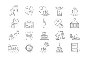 A set of logistics icons for maritime transport. A set of editable stroke icons such as shipping by sea, containers, transshipment at the port, documentation. The supply chain