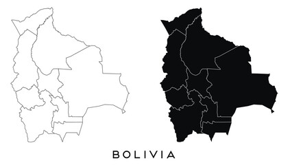 Bolivia map of regions districts vector black on white and outline