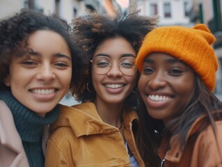 Three female friends or colleagues standing side by side, possibly in a professional or social setting