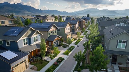 Solar Panel Rooftop community thousands of Solar Panels across the horizon in vast Suburb fighting climate change. AI generated illustration