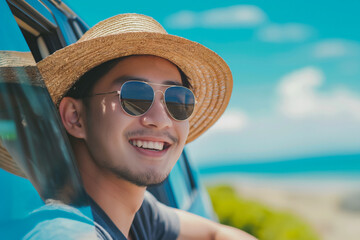 Happy Asian man wearing sunhat and sunglasses travels by car.