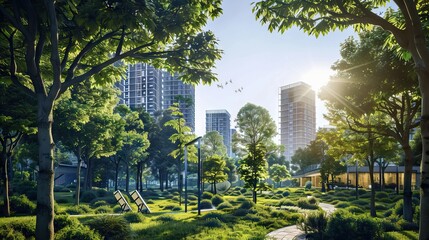 Public park and high-rise buildings cityscape in metropolis city center . Green environment city and downtown business district in panoramic view. AI generated illustration