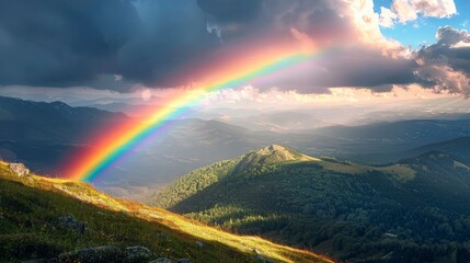 The breathtaking beauty of a majestic rainbow arcing over a lush and vibrant mountain landscape is truly aweinspiring to behold