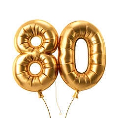 Number "80" foil golden balloon isolated on transparent background
