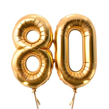 Number "80" foil golden balloon isolated on transparent background
