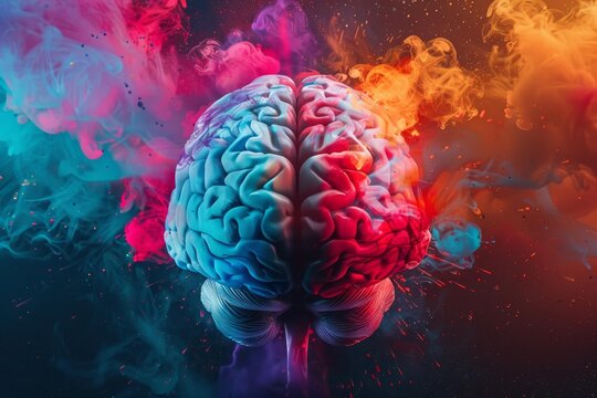 Creative concept of a human brain exploding with colorful smoke, representing mental health, creativity and emotions