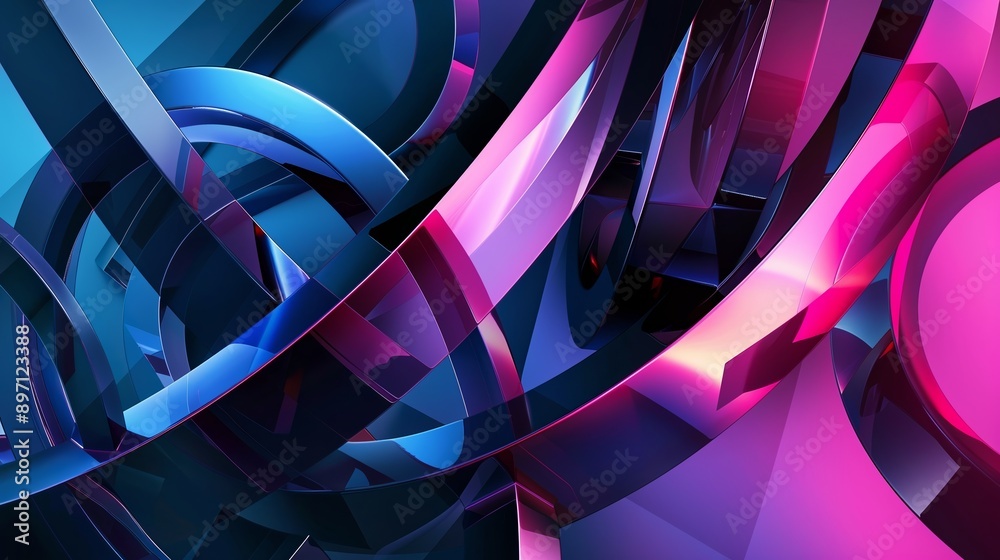 Wall mural shiny intertwined shapes in blue and pink colors on a three dimensional abstract background