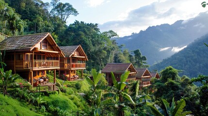 Obraz premium A lush green landscape with a cottage nestled in nature. AI generated illustration