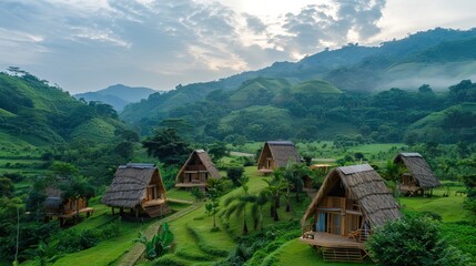 A lush green landscape with a cottage nestled in nature. AI generated illustration