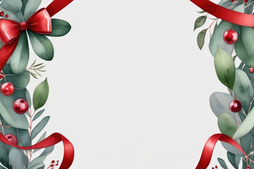 Holiday border with eucalyptus, red berries and a red ribbon bow in watercolor style.