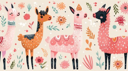 Adorable llama seamless pattern adorned with intricate floral decorations for a charming touch