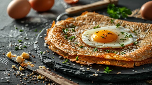 Indulge in a delicious homemade french buckwheat galette topped with a perfectly fried egg