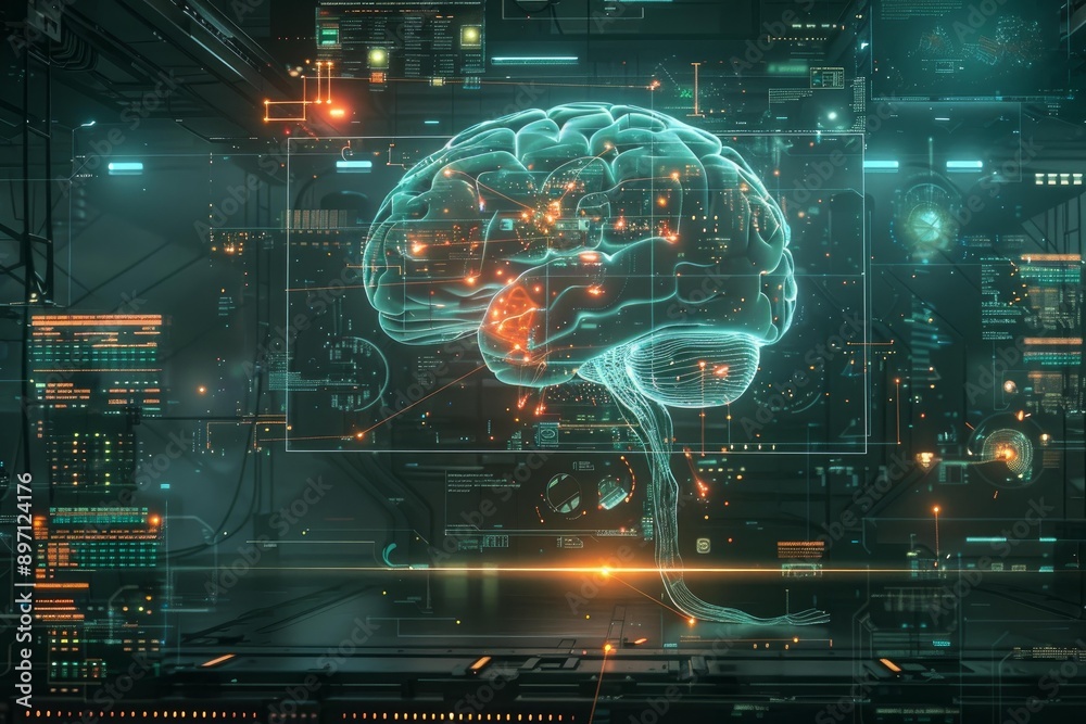 Poster artificial intelligence is learning and solving problems inside a technological brain