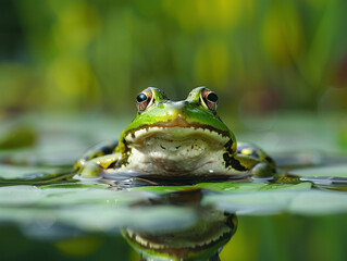 Green Frog Resting On Lily Pad In Pond On Sunny Day