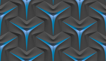 Modern geometric pattern with sharp black and blue shapes, 3D