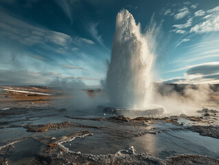 Erupting Geyser in Iceland Under a Blue Sky
