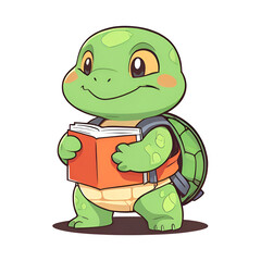 Fototapeta premium A cartoon turtle is holding a book and smiling