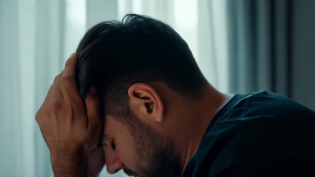 Man awake in bed with a headache that touches his forehead inside