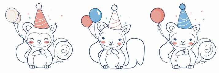 Three cute squirrels wearing party hats and holding balloons, symbolizing celebration, joy, friendship, festivity, and childhood.