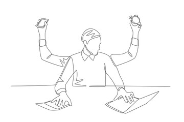 A man who does things. Multitasking concept one-line drawing