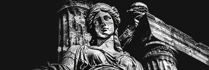 A close-up of a weathered statue of a Greek goddess, showcasing intricate details, a dramatic black and white contrast, and a sense of history and mystery.