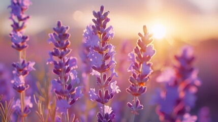 Obraz premium At sunset, the lavender blossoms were illuminated by the golden rays of the evening sun