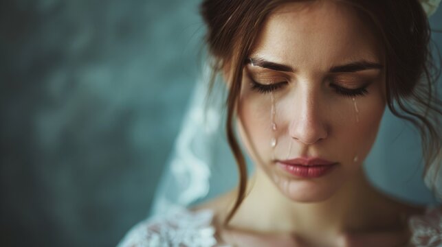 Emotional bride with tears in cinematic portrait on wedding day, copy space.