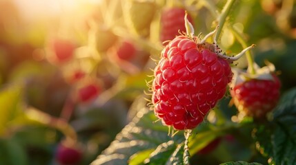 The sight of a perfectly ripe raspberry shimmering under the bright sunlight in a colorful garden