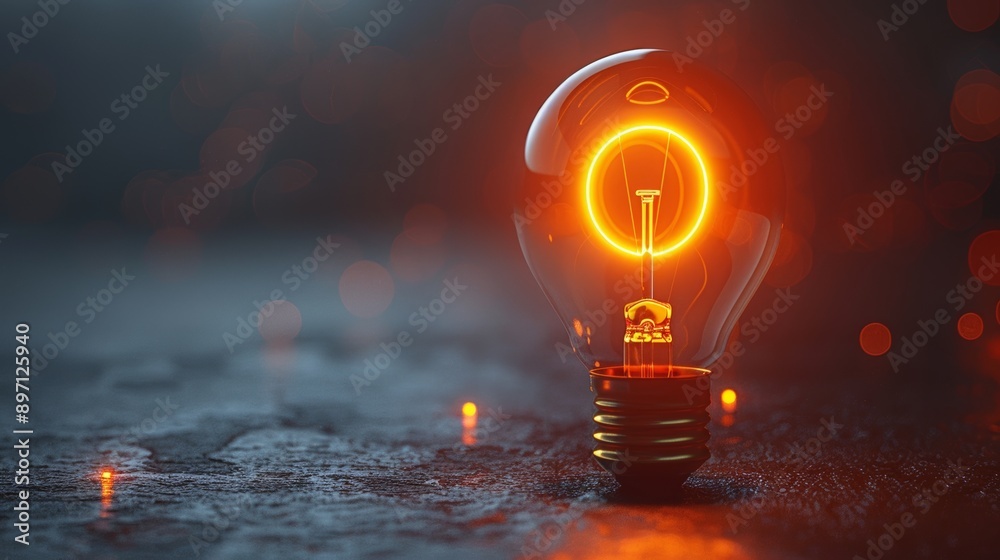 Aufkleber illuminated light bulb on reflective surface in dark environment with bokeh, innovation and creativi