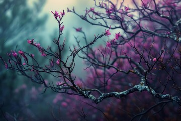 Blooming tree branch covered with pink flowers in a mysterious foggy forest