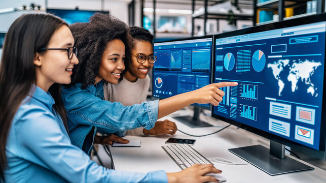 Diverse Team Analyzing Business Data on Computer. Generative AI image