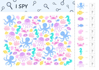 Under the sea I spy childrens game. Printable worksheet for preschool children with sea animals and fishes. Searching and counting activity for kids.