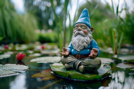 Garden gnome meditating on a lily pad in a tranquil pond, surrounded by lush greenery and water lilies