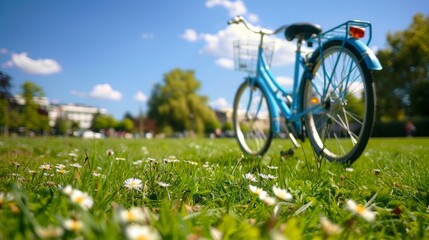 Fototapeta premium A blue bicycle with a basket sits in a lush green field of daisies. The bike symbolizes freedom, travel, and nature. The daisies symbolize beauty, innocence, and new beginnings. The sunny day symbol