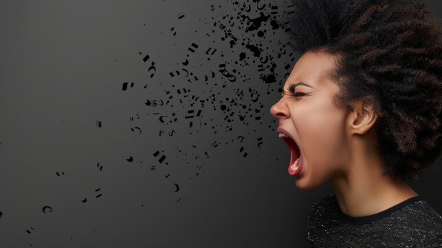 Woman screaming with abstract shapes dispersing from her mouth