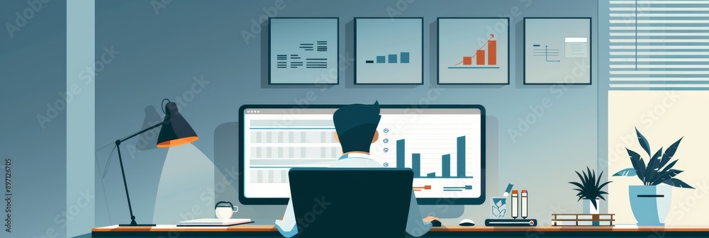 Poster a businessman sits at his desk, illuminated by a desk lamp, focused on analyzing data graphs and cha