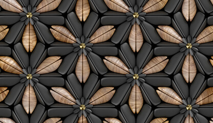 3d hard wood tiles with gold matte elements on black background