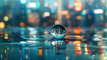 Fototapeta premium A single water droplet rests on a calm surface, reflecting the vibrant cityscape behind it. The image symbolizes the interconnectedness of urban life, the beauty of simplicity, and the power of reflec